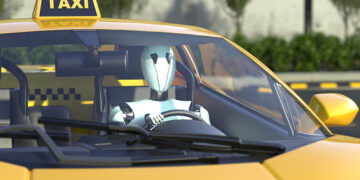 Robot taxi driver sits at the wheel of a yellow taxi. Car with autopilot. Future concept with smart robotics and artificial intelligence. 3D rendering.