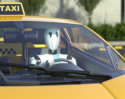 Robot taxi driver sits at the wheel of a yellow taxi. Car with autopilot. Future concept with smart robotics and artificial intelligence. 3D rendering.