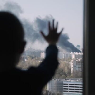 Silhouette of small child. Kid stands with his palms on the window and looks at the fire in city. Black smoke rises into the sky above high-rise buildings. Boy is worried. Child safety.