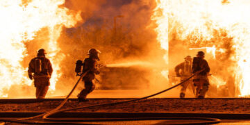 4 firefighters battle a roaring blaze.  2 fire hoses shooting water.