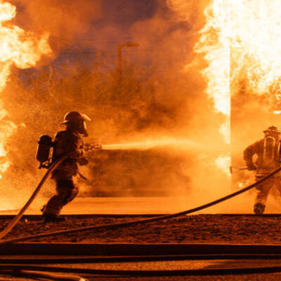 4 firefighters battle a roaring blaze.  2 fire hoses shooting water.