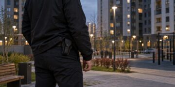 Мужчина с закрытой кобурой во дворе жилого дома — иллюстративное изображение