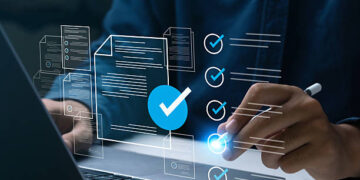 Business performance checklist, Businessman using laptop online survey filling out check digital form task, business performance monitoring and evaluation. online survey question form. online exam.