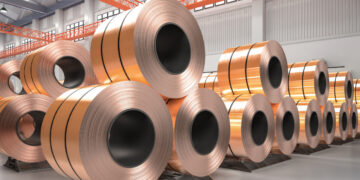 3d rendering roll of copper sheets or heap of copper tapes in factory