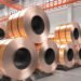 3d rendering roll of copper sheets or heap of copper tapes in factory