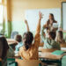 Students raising hands while teacher asking them questions in classroom